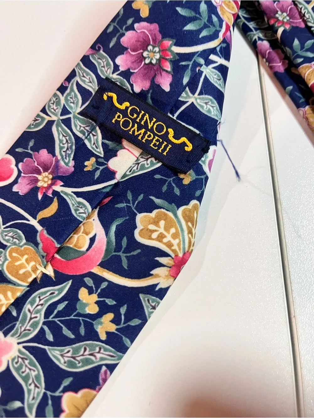 Men's Gino Pompell Navy Floral Silk Tie - Elegant Floral Pattern